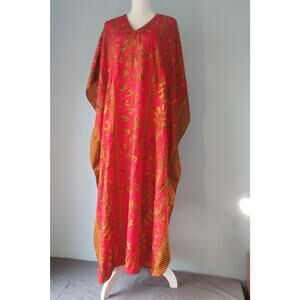 MuMu Moo Moo Dress Nightgown Beach Coverup Red Gold 52" One Size Asian V Neck